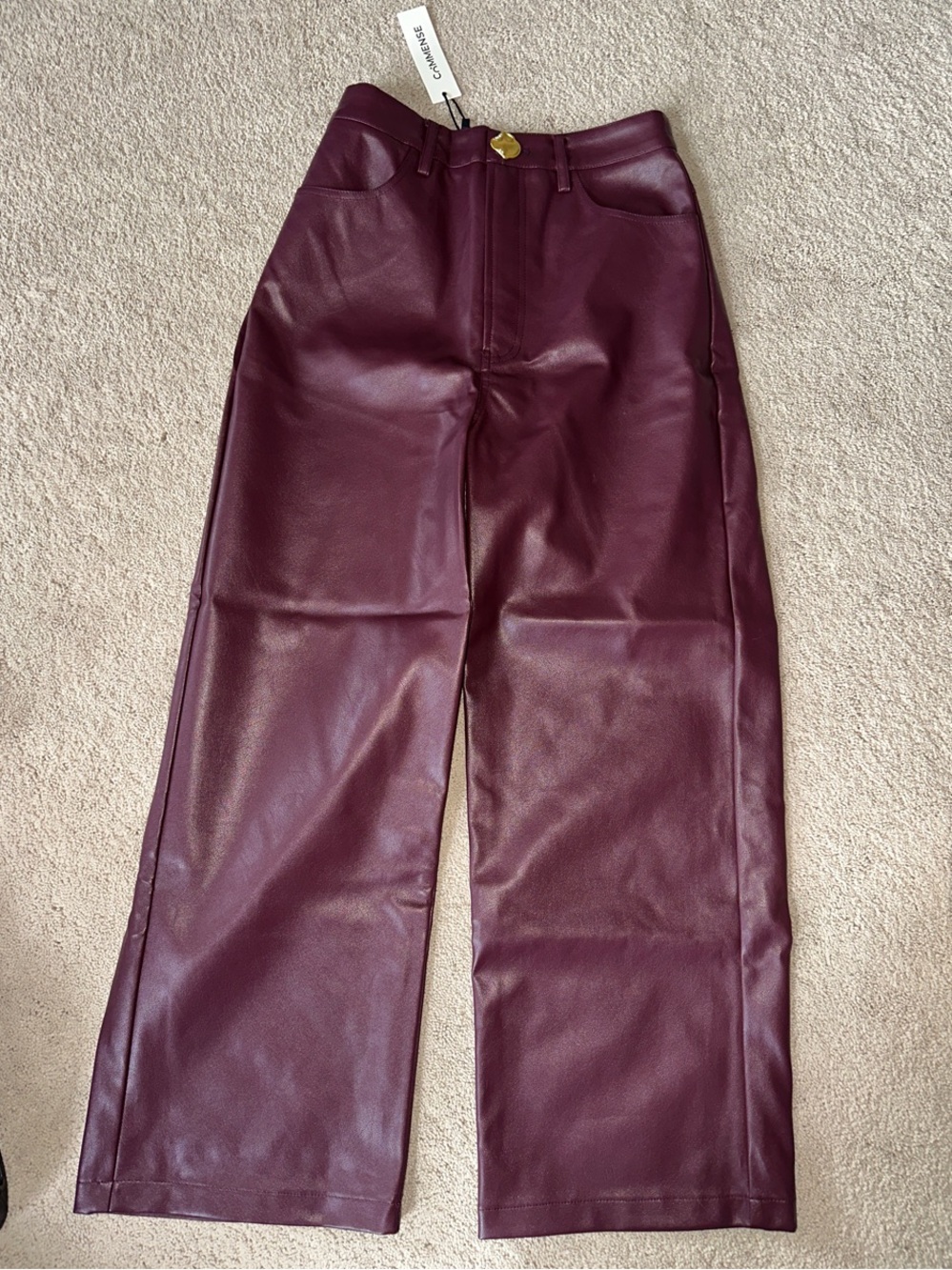 Commense Faux Leather Wide-Leg Pants - Burgundy